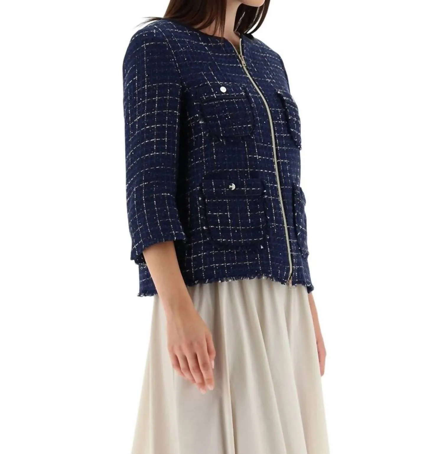 Tweed 4 Pocket Zip Jacket In New Blue