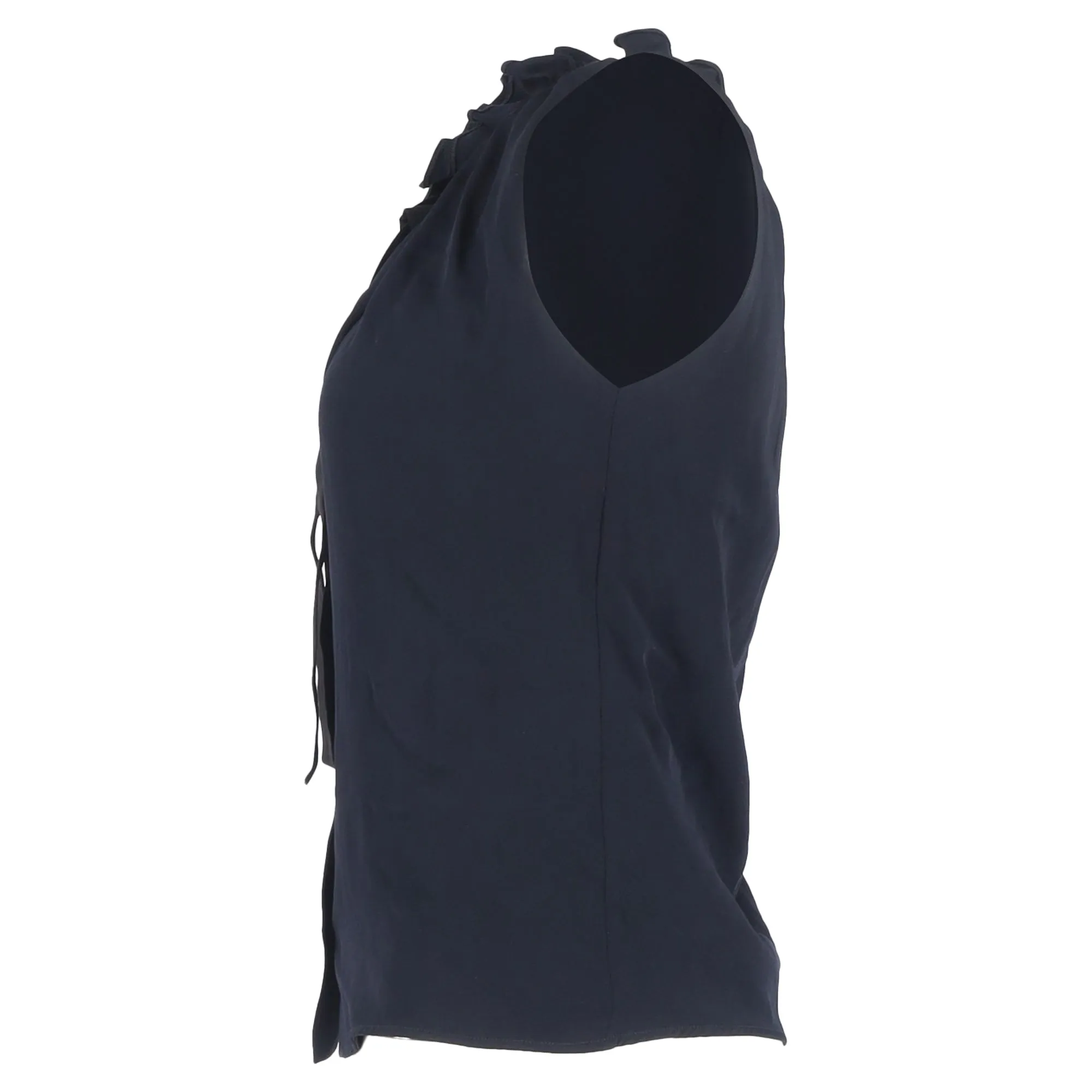 Victoria Beckham Ruffled Neck Sleeveless Blouse in Navy Blue Viscose