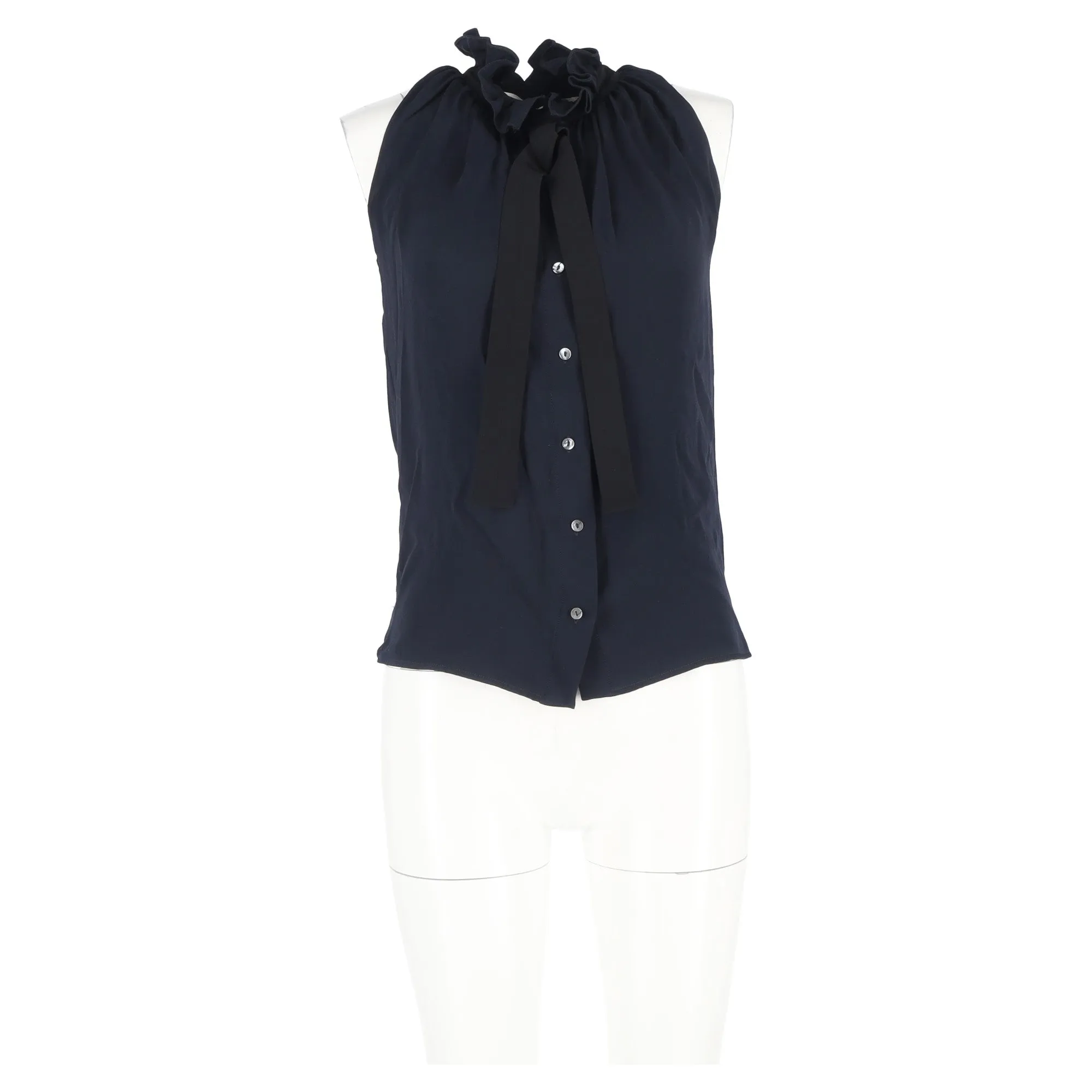 Victoria Beckham Ruffled Neck Sleeveless Blouse in Navy Blue Viscose