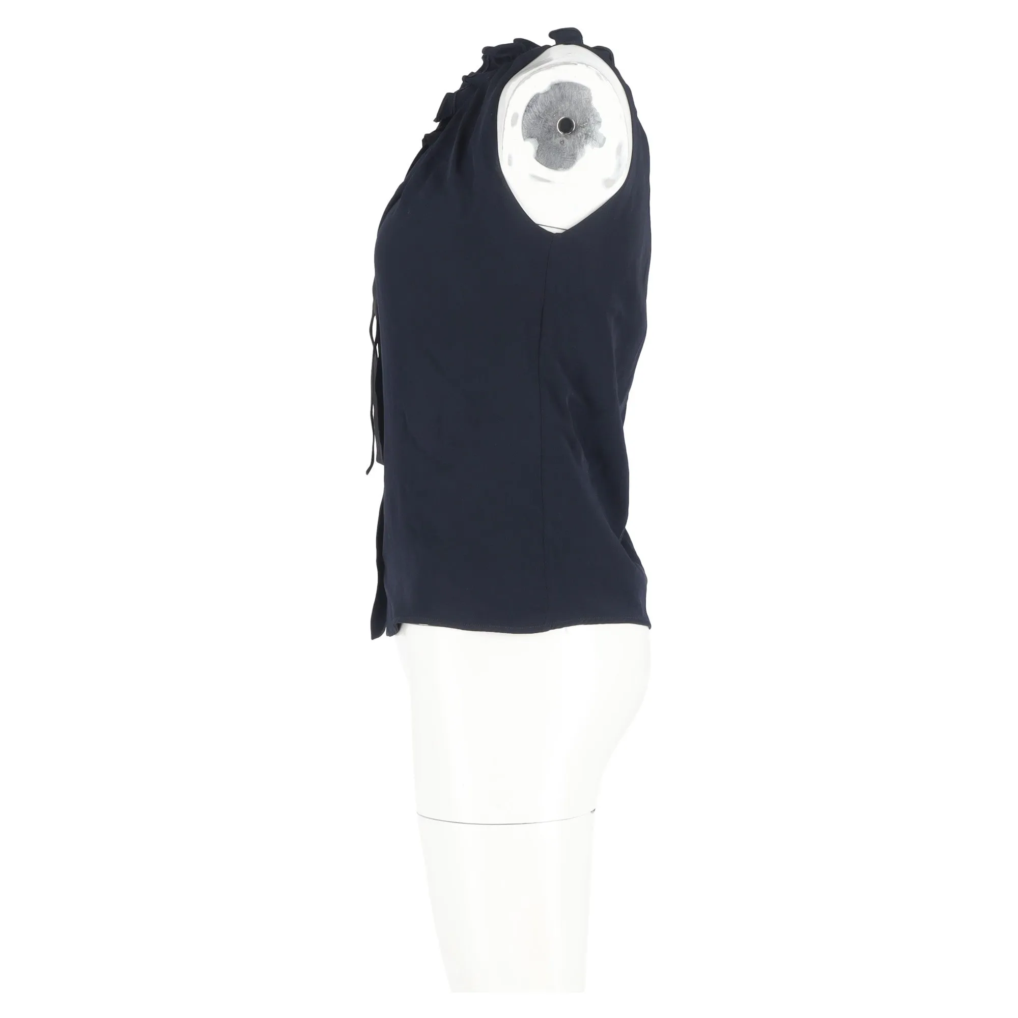 Victoria Beckham Ruffled Neck Sleeveless Blouse in Navy Blue Viscose