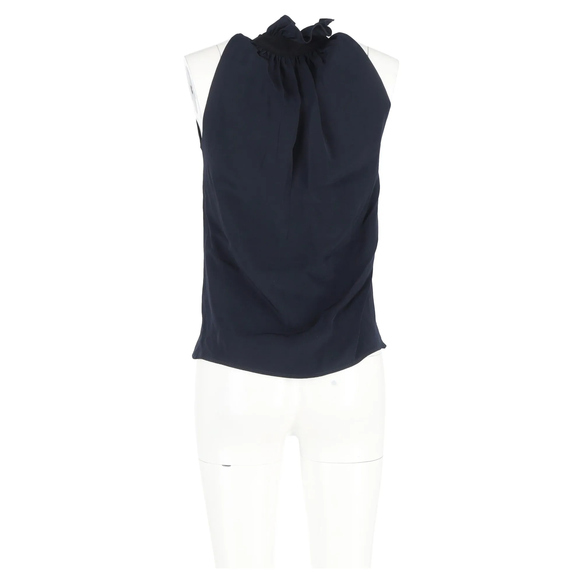 Victoria Beckham Ruffled Neck Sleeveless Blouse in Navy Blue Viscose