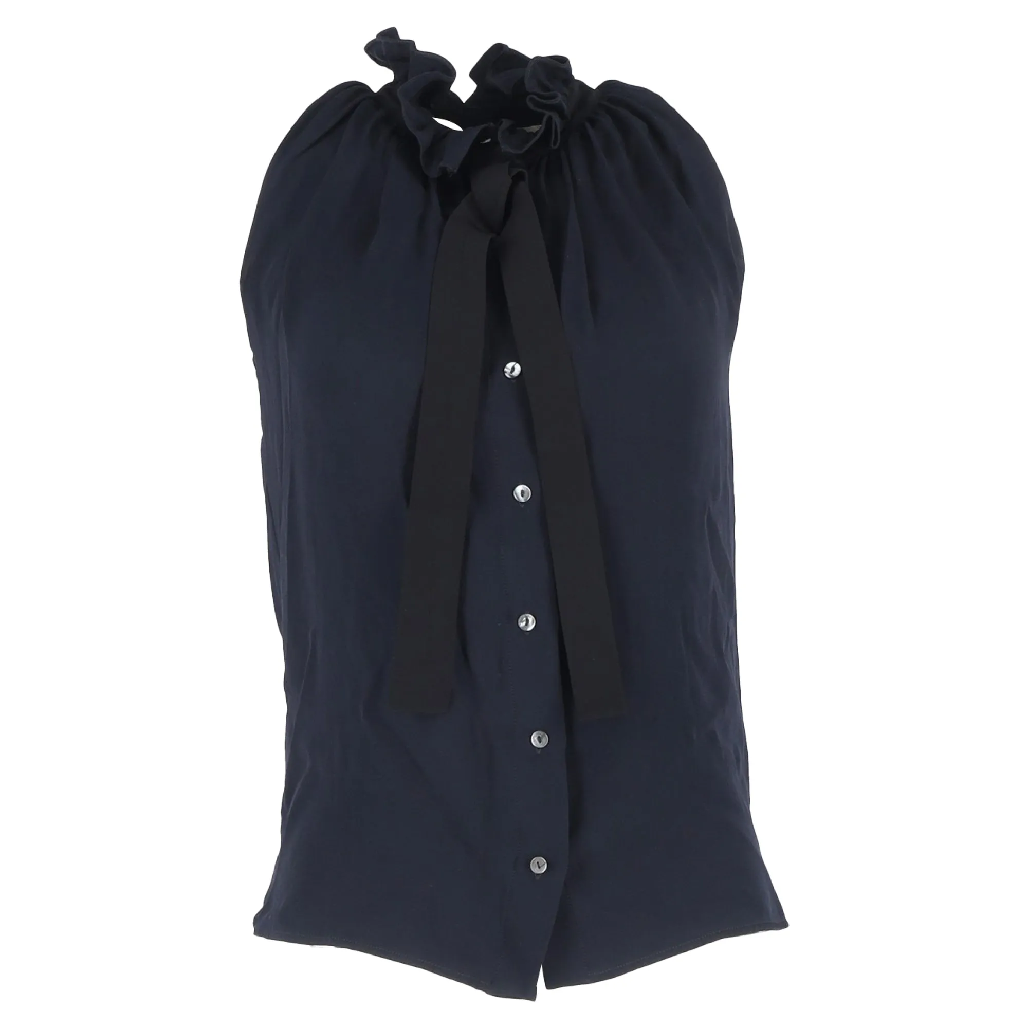 Victoria Beckham Ruffled Neck Sleeveless Blouse in Navy Blue Viscose