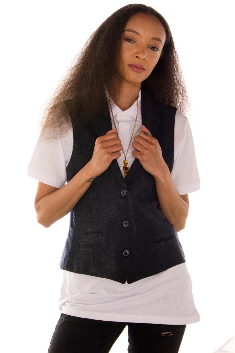 Womens Tweed 1920s Herringbone Navy Waistcoat
