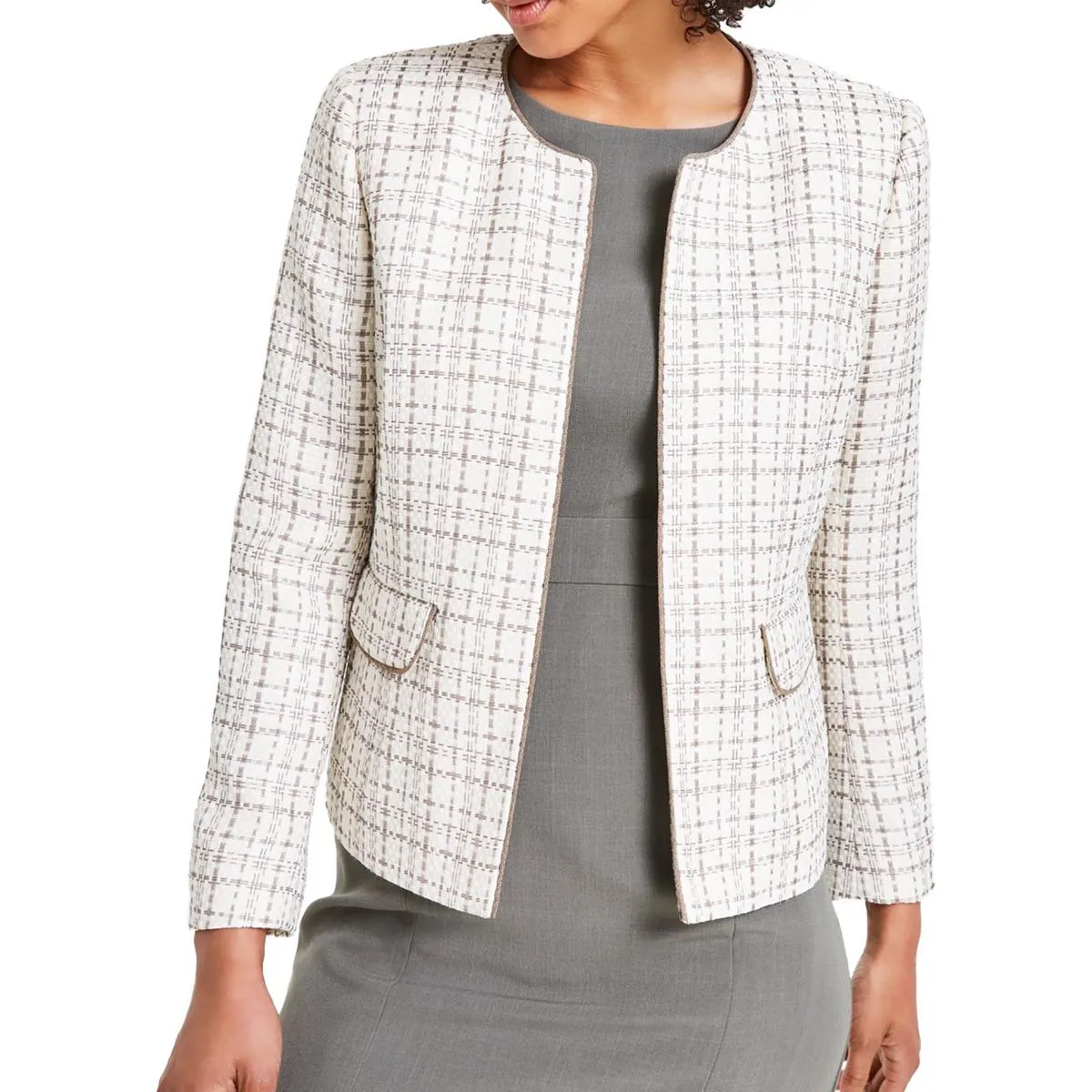 Womens Woven Tweed Open-Front Blazer